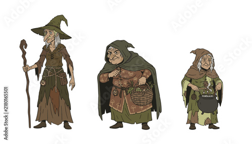 Three detailed illustrations of old witches with pointed hats robes and staves or cauldrons stand individually on a plain white background.