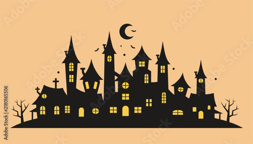 Haunted village silhouette with sharp spires stands against a pale moonlit background featuring bats and glowing windows in an eerie autumn scene.