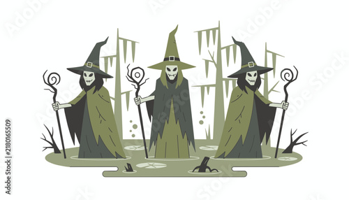 Trio of eerie witches in pointed hats and cloaks stand in a misty swamp landscape holding twisted wooden staves for a magical fantasy scene.