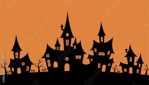 Silhouettes of spooky haunted houses with sharp pointed roofs stand against a bright orange background creating a classic gothic horror mood.