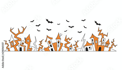Spooky cartoon landscape features crooked houses and twisted trees under a night sky filled with flying bats for a festive halloween theme.