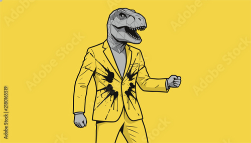 Stylish tyrannosaurus rex wearing a yellow formal suit with black ink splatter stains stands confidently with a geometric faceted head design.