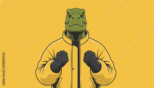Muscular tyrannosaurus rex character wearing a bright yellow bomber jacket and dark gloves stands with clenched fists on yellow background.