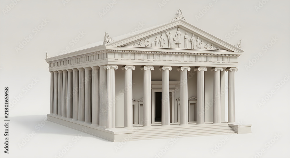 Obraz premium Detailed architectural 3D model of a classical Greek temple with Corinthian columns and ornate pediment isolated on a white background
