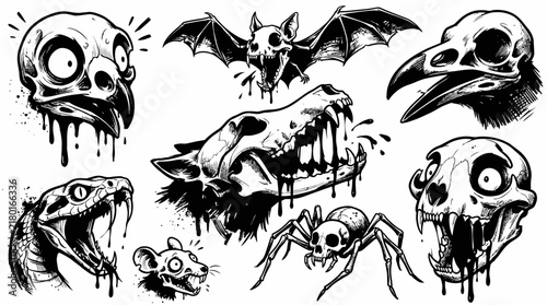 Collection of spooky animal skulls with black ink splashes and drips