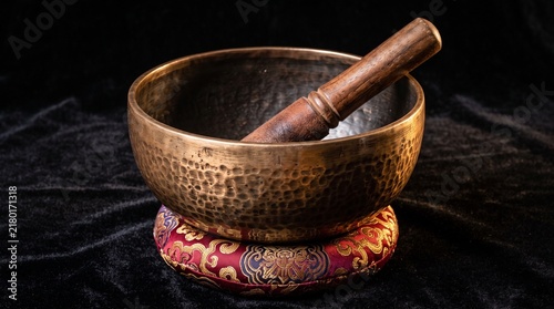 Tibetan singing bowl with wooden mallet resting on a decorative red cushion