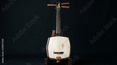 Traditional Japanese shamisen musical instrument displayed against a dark background