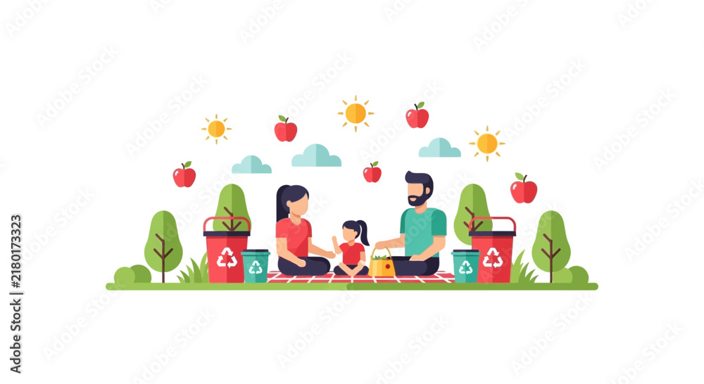 Naklejka premium Eco-friendly family picnic vector illustration with recycling bins