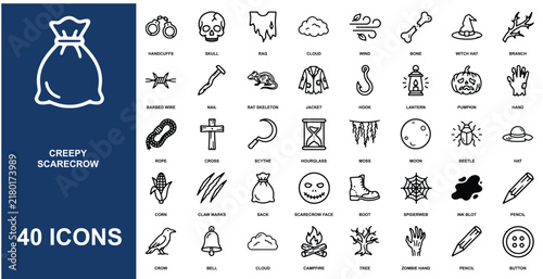 Set of forty black and white line featuring scarecrows, halloween symbols, dark nature and gothic imagery