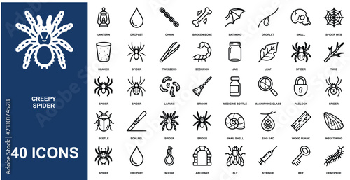 Set of forty black and white line featuring spiders, insects, biological specimens, medical tools, and gothic horror