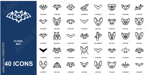 Set of forty flying bat themed featuring various bat faces, wings, silhouettes, and animalistic horror