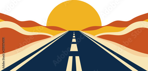 A stylized flat vector illustration showing an empty asphalt road stretching towards a large yellow sun over distant desert hills landscape