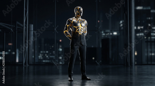 Workplace Resilience Concept Business Silhouette Transforming into Polished Titanium with Gold Kintsugi Veins