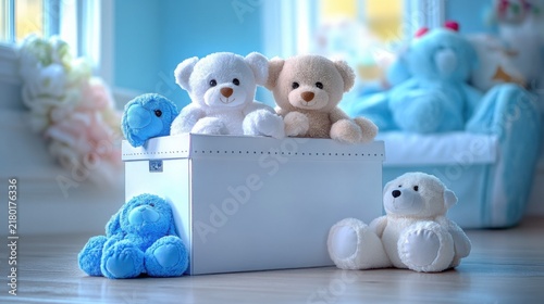 A closeup of a white toy box filled with colorful stuffed animals and soft toys, perfect for children's playtime and imaginative adventures