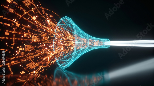 Information Overload Relief Concept Chaotic Digital Data Filtered into Single Organized Beam of Light