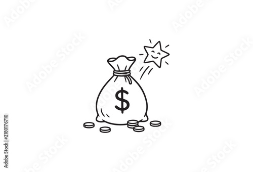 Hand-drawn money bag with dollar sign and coins, sketch of financial success with happy star, black and white doodle vector