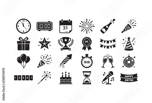 New Year party icons set, black celebration symbols vector, 24 holiday event elements, festive anniversary graphics for invitations