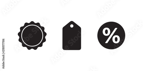Minimalist black shopping icons set, flat vector retail discount badge and price tag, e-commerce promotion symbols for web design