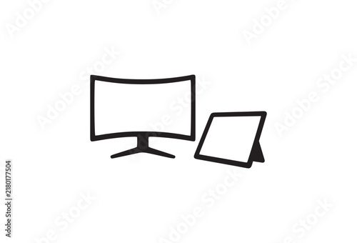 Minimalist computer monitor and tablet vector icon. Modern digital workspace hardware symbols. Black line art electronic devices.