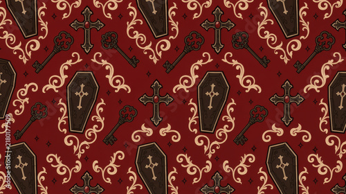 Seamless Halloween Pattern with Coffins, Crosses, Antique Keys, and Ornamental Swirls on Dark Red Background