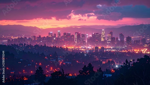 City skyline at sunset | vibrant urban landscape with mountain backdrop
