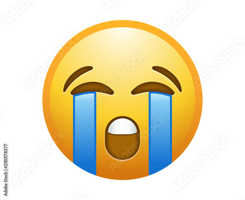 Yellow smiley face emoticon crying with heavy blue tears
