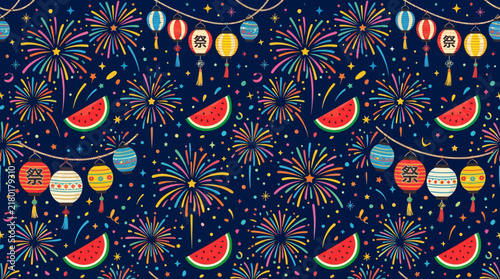 Seamless pattern with fireworks watermelon slices and paper lanterns on dark background for summer festival celebration textile design and festive wrapping paper decoration illustration
