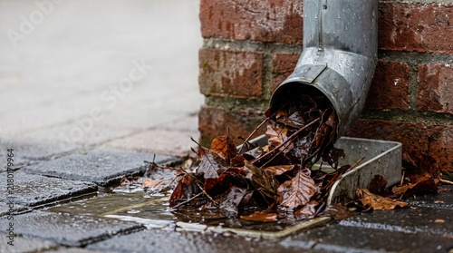 Wet leaves clogging downspout after autumn rain