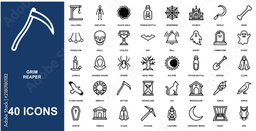 Set of forty grim reaper and halloween themed outline featuring scythes, ghosts, skulls, tombstones, and various dark supernatural