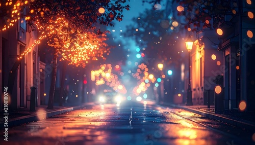 Night street scene with bokeh lighting and festive tree decoration