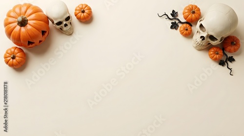 Flat lay composition with decorative pumpkins and human skulls on a light beige background for halloween