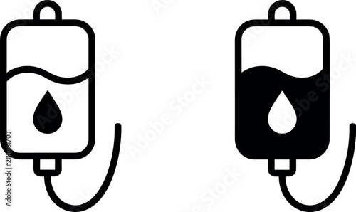 Medical Blood Bag IV Drip Icon Set Vector Illustration in Line Art and Filled Glyph Styles