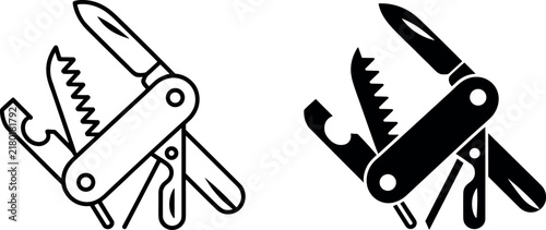 Multitool Pocket Knife Vector Icon Set Outline and Solid Style for Camping and Survival Designs