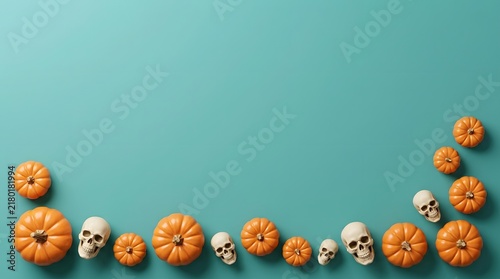 Flat lay composition of small orange pumpkins and human skulls on a solid light blue background