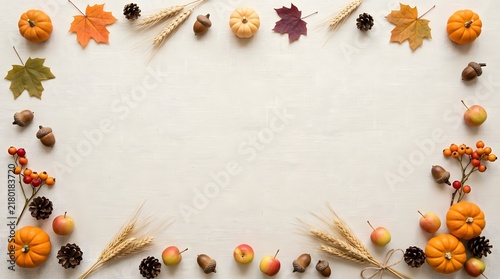 Autumn border with pumpkins pinecones and colorful fallen leaves on a white background