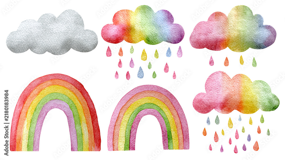 Fototapeta premium Cloud and rainbow nursery collection, detailed watercolor clipart with soft shadows and clean edges, isolated PNG on transparent background
