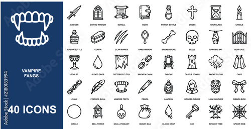 Set of forty vampire and gothic themed line featuring fangs, daggers, castles, skulls, and dark symbols on white background