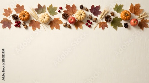 Autumn leaves arranged along the top edge of a white background fall season