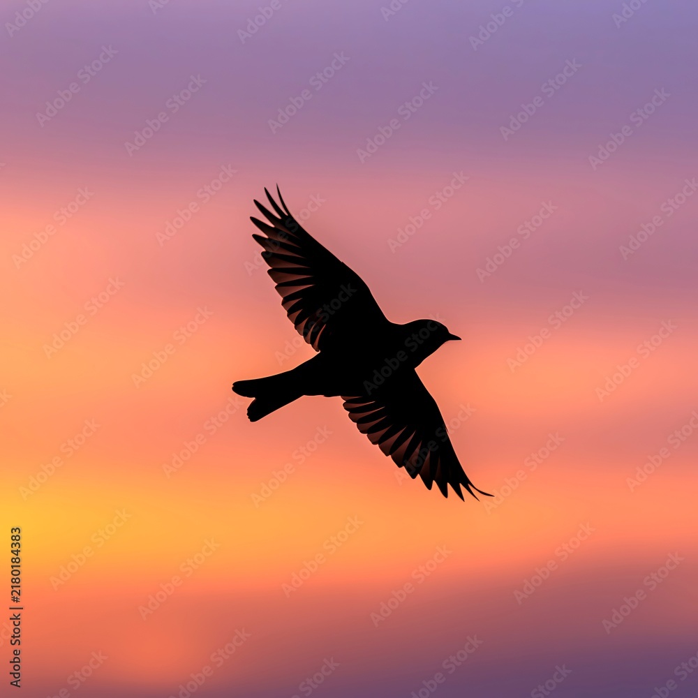 Fototapeta premium Black bird soaring gracefully across a soft pink and orange sunset sky, creating a peaceful and dramatic silhouette in flight