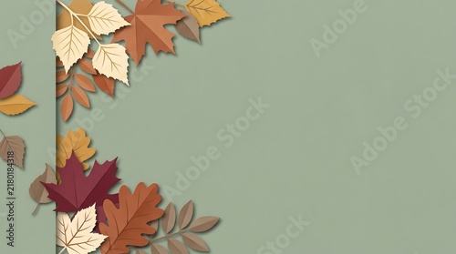 Autumn leaves in shades of red orange and yellow against a muted green background