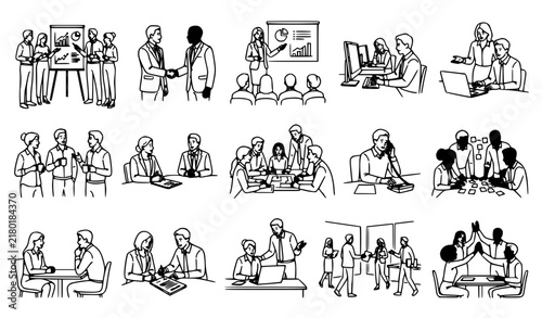 Business Team Presentation Collaboration and Work Process Line Art Icons