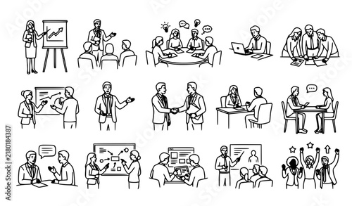 Business Team Presentation Collaboration and Work Process Line Art Icons