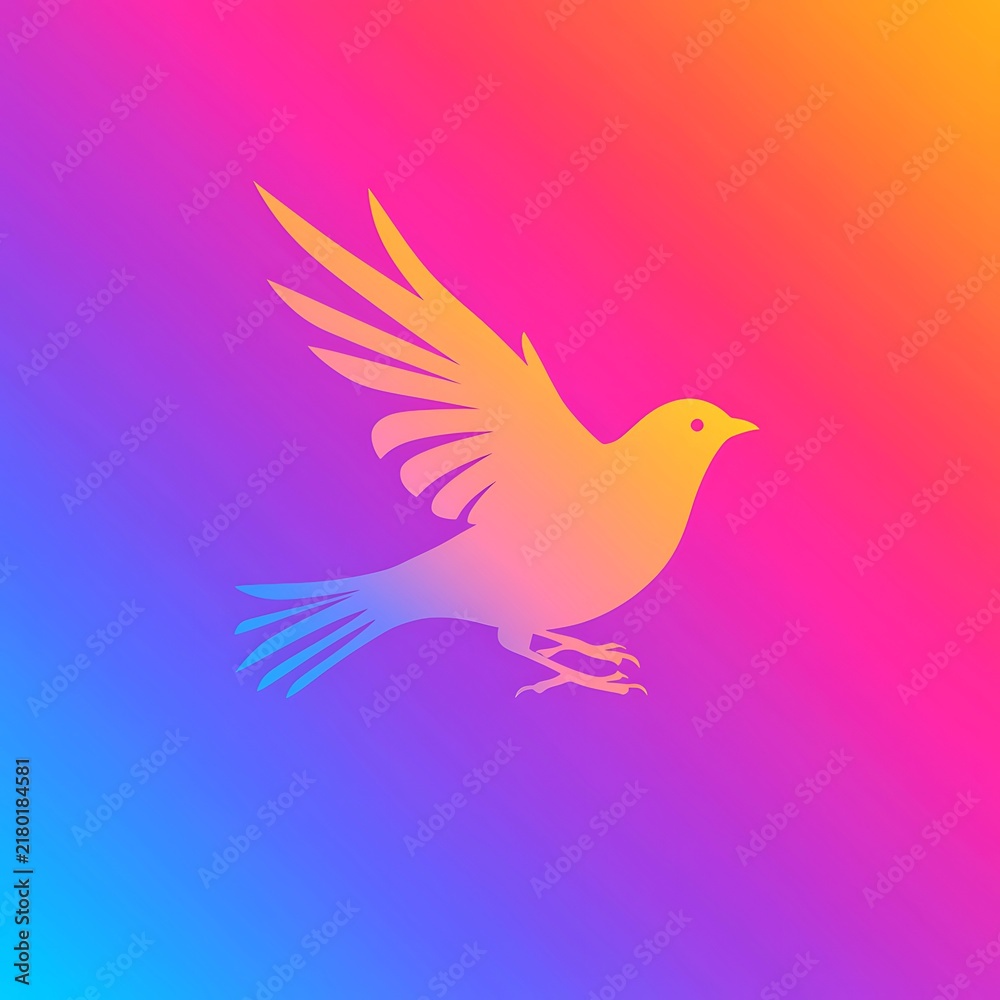 Fototapeta premium Elegant golden bird in flight with outstretched wings against a vibrant pink, purple, blue, and orange gradient background