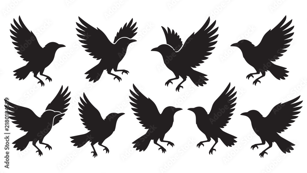 Fototapeta premium Black silhouette crows flying in various dynamic poses