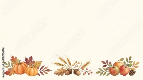 Watercolor autumn arrangement with pumpkins leaves and berries on a cream background