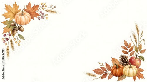 Watercolor autumn leaves and pumpkins frame with blank space for text or design