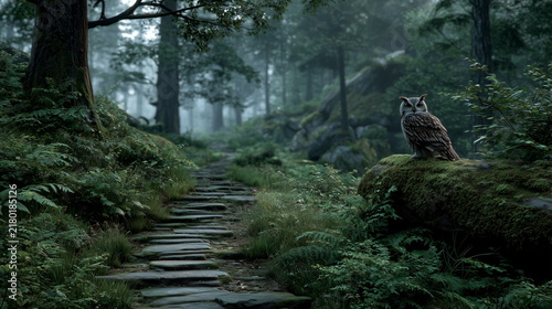 an owl in woodland evening
