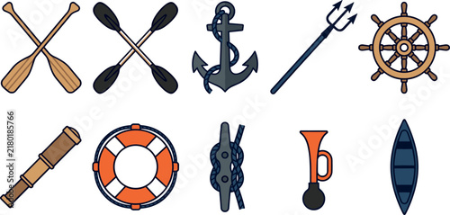 Bild auf Leinwand Nautical Maritime Symbols and Boat Navigation Equipment Vector Set