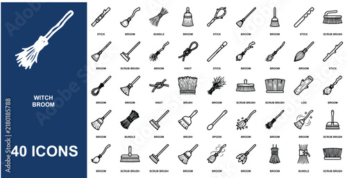 Set of forty witch broom and cleaning tool themed line featuring various brooms, brushes, sticks, and bundles on white background