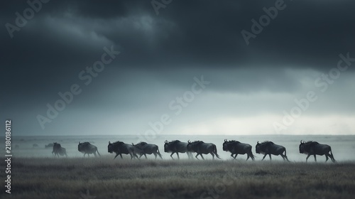 herd of wildebeest evagulation crossing in desert 